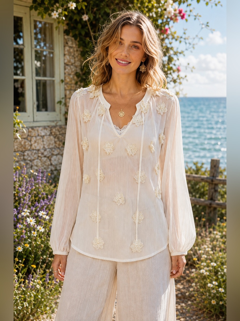 Adrianna Papell Ivory Sheer Floral Appliqué Boho Blouse – Size M